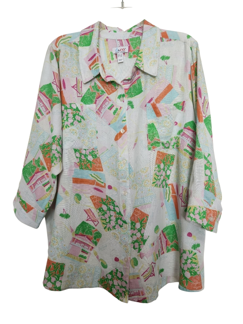 D&CO Tropical Print Button-Up Cottom Linen Blend Shirt in White, Green & Coral